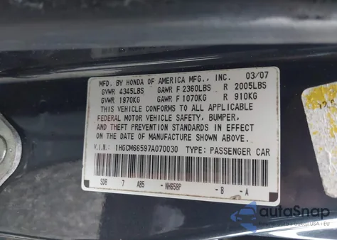 2007 Honda Accord 3.0 Ex from USA, damaged, VIN 1HGCM66597A070030